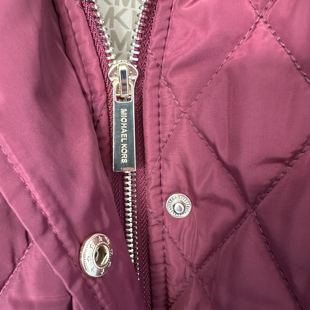 NWOT WOMENS MICHAEL KORS MAROON PUFFER COAT ZIP UP KNEE LENGTH W/ BELT & HOOD 1X - Picture 5 of 17
